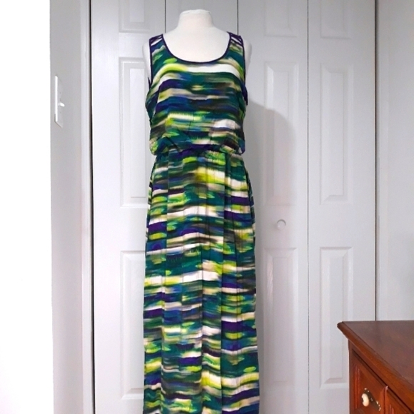 Attention Dress Maxi Sleeveless Multicolor Purple Green Blue Cutout Deta… - Picture 1 of 11